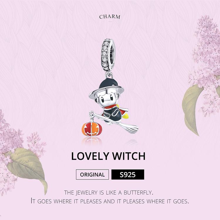WOSTU Magic Witch Pendant 925 Sterling Silver Broom Witch Beads Charms for Necklaces