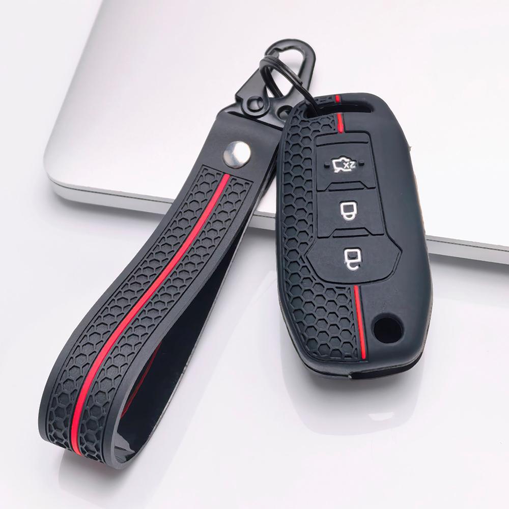 Silikon-Schlüsselhülle Schlüsselanhänger für Ford 3-Tasten Klappschlüssel, Passend für Ford Focus Mondeo Fiesta Ranger Escape Transit Tourneo Everest, Stoßfester Schlüsselanhänger-Halter