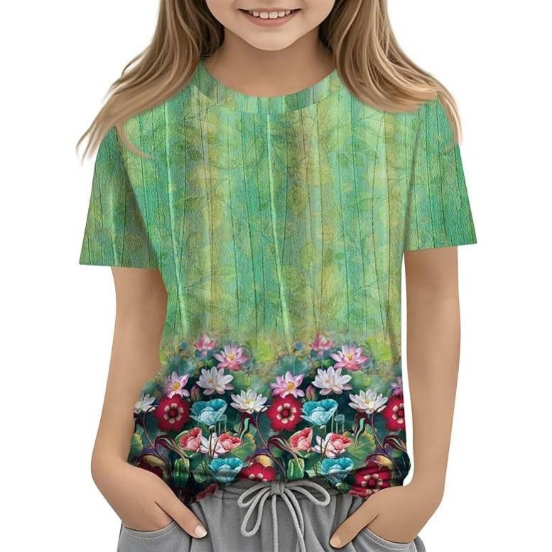 

Детская новая модная повседневная футболка с диким 3D цветочным узором для детей и женщин, с коротким рукавом и круглым вырезом 160cm