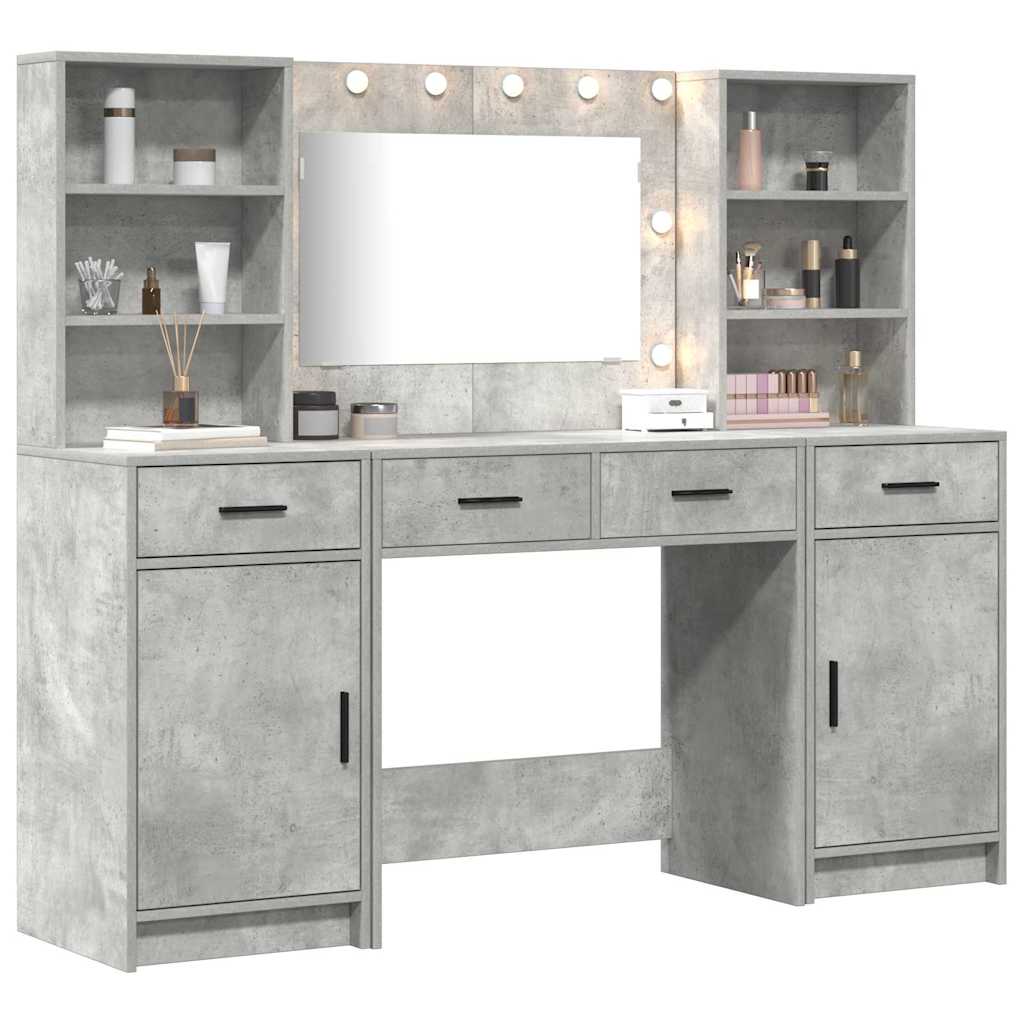 Schminktisch-Set mit LED-Spiegel und Schrank 3 Teile Betongrau Holzwerkstoff