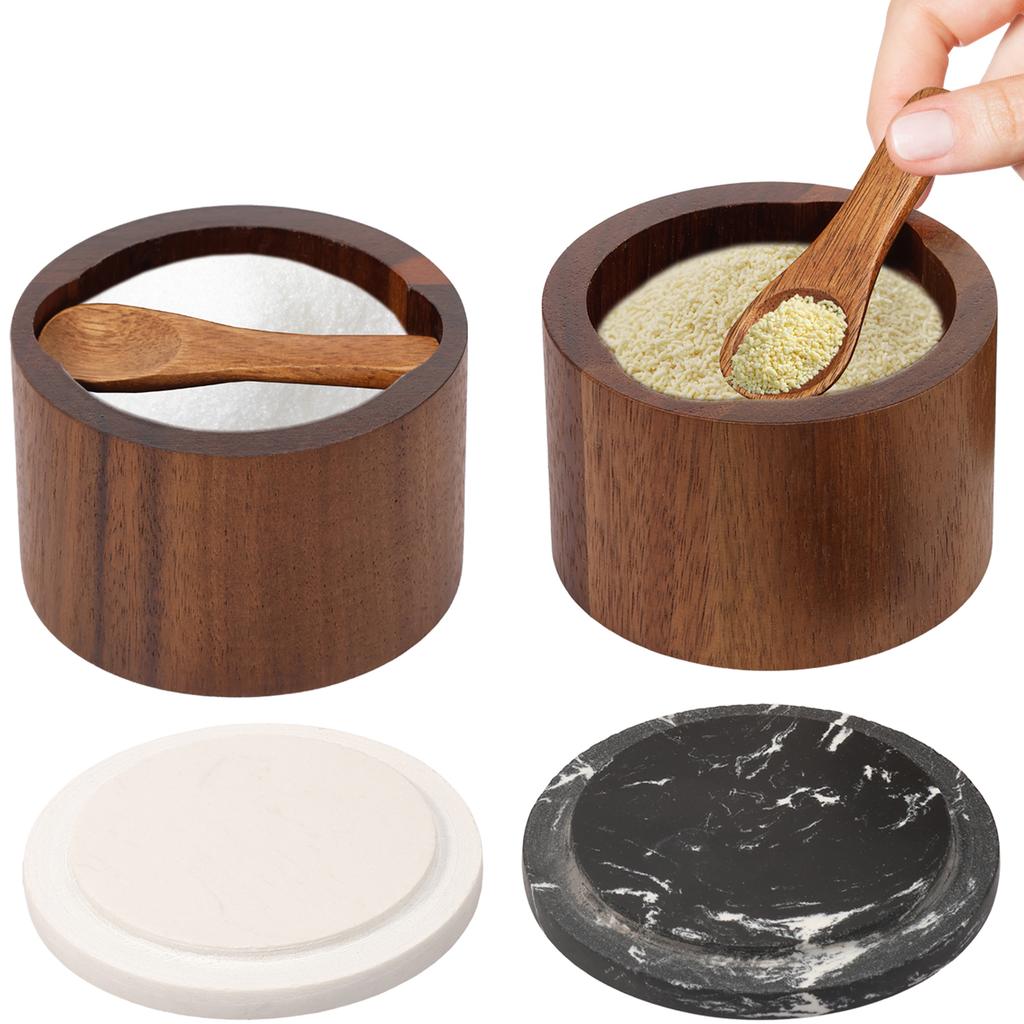 2 Pcs Salt Cellar Box with Lid and Spoon Wood and Stone Salt or Pepper Sugar Spice Seasoning Bowl Container Jar Holder Well Keep