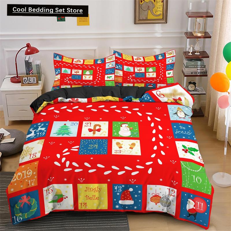 Frohe Weihnachten King Queen Bettwäsche Set Weihnachtsmann Schneemann Bettdeckenbezug Weihnachtsbaum Bettbezug Rot Polyester Steppdeckenbezug