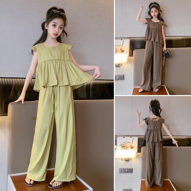 Set di abbigliamento estivo per ragazze adolescenti Top da principessa alla moda per bambini + pantaloni a gamba larga 2 pezzi Completi tuta per bambini