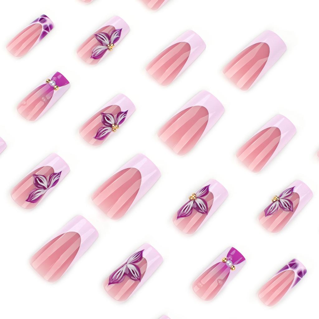 Hot-selling rectangular wearing nail fake nail French pink purple nail 3d flower nail piece