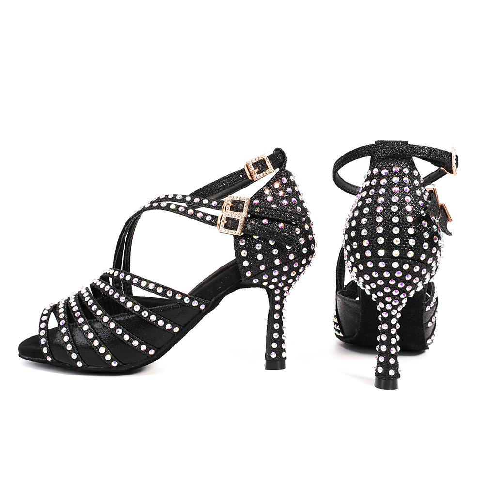 Women Latin Dance Shoes Shining Rhinestone Dancing Shoes Flare Heel 9cm Narrow Foot Adjust Width