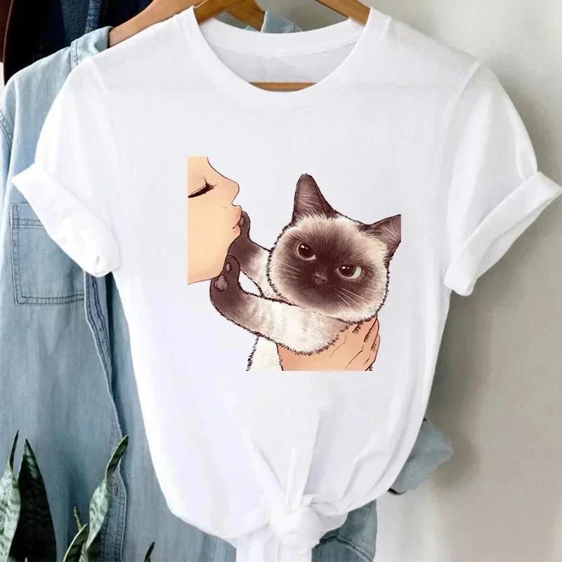 Summer Cute Cat Pattern Printed T-shirt with Breathable Micro Elastic Fashion Short Sleeved White Minimalist Versatile Top