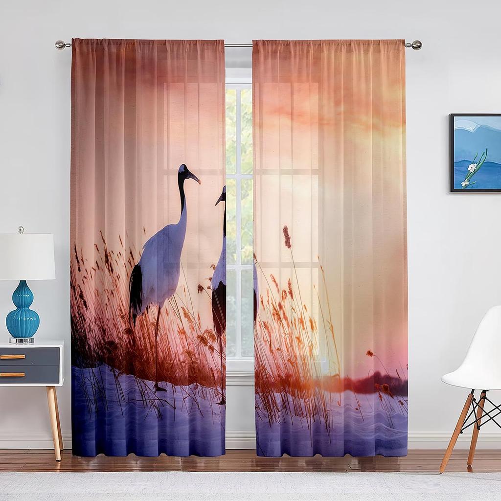 Mandschurenkranich, der die rote Sonne fliegt, Tüllvorhang für Wohnzimmer, Schlafzimmer, Dekor, transparente Vorhänge, Zimmer, Küche, Fensterbehandlung