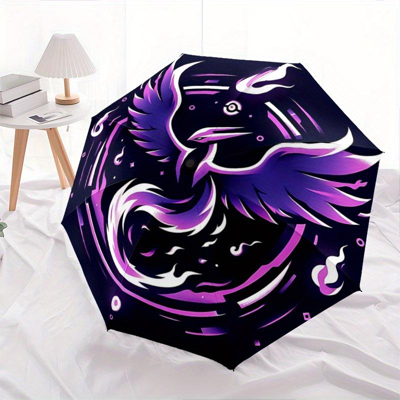 1pc Purple Bird Art Fully Automatic Folding Portable Umbrella, 8 Iron Frames, Three-Fold Design, Suitable for All Seasons, Suitable for Outdoor U