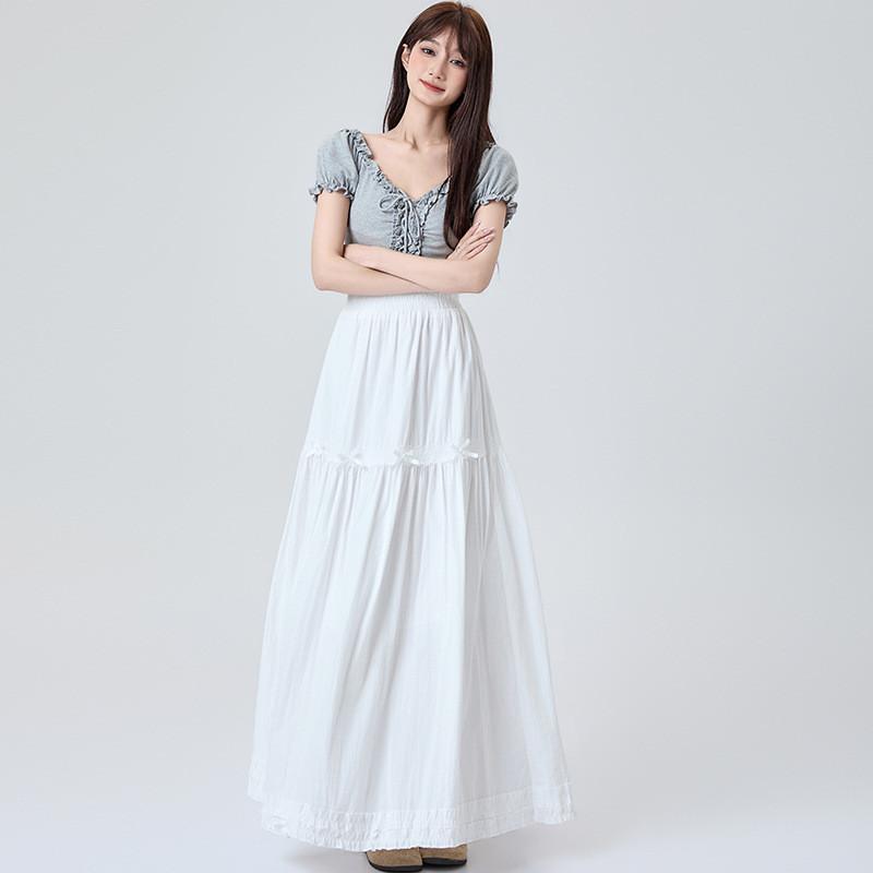 Qooth White Tiered Ruffle Skirt Bow Detail A-Line Midi Slimming QT2865