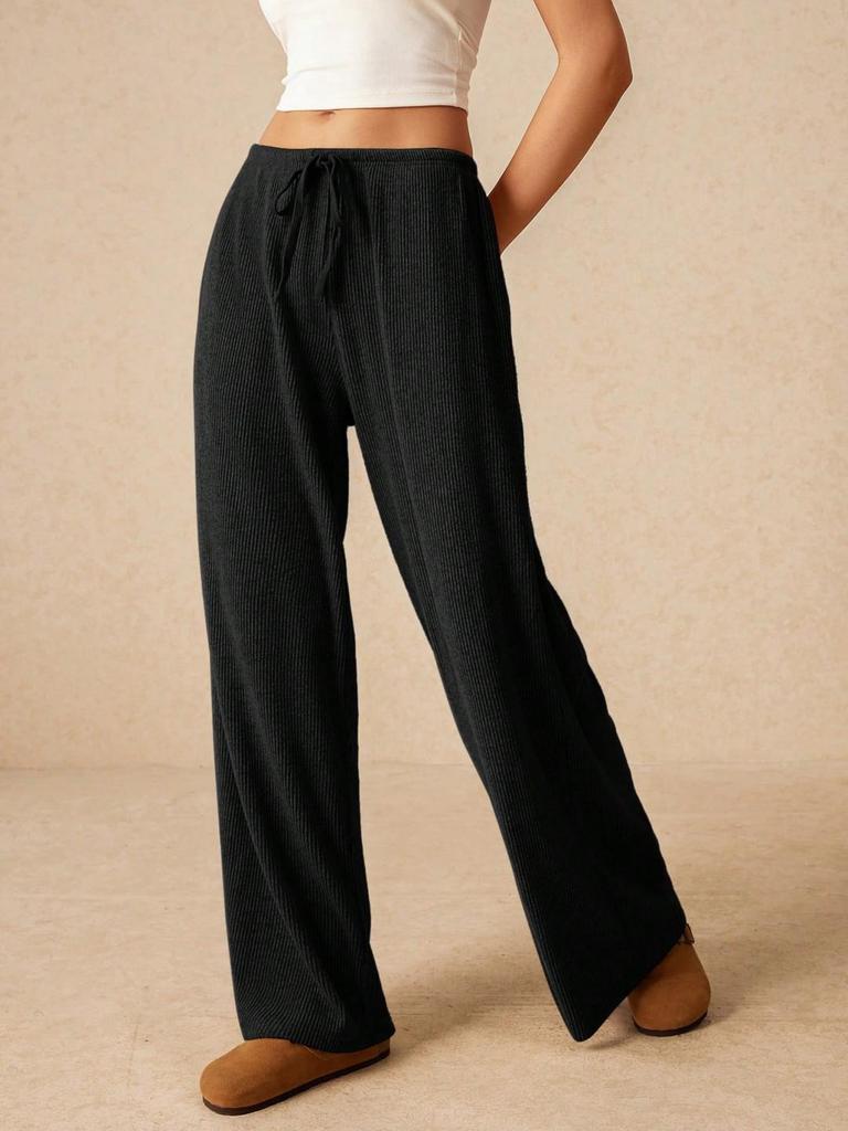 Available High-Waisted Tie-Waist Wide-Leg Fashion Pants - European and American Style, Solid Color.