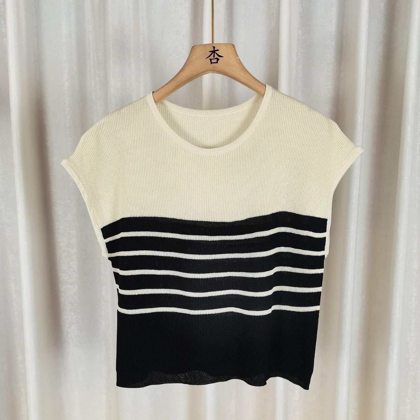 

Летние полосатые топы с цветными блоками, с круглым вырезом, свободная тонкая трикотажная майка, женская повседневная летняя базовая модель, комфорт и стиль, облегающие свитера, футболки One size абрикосовый