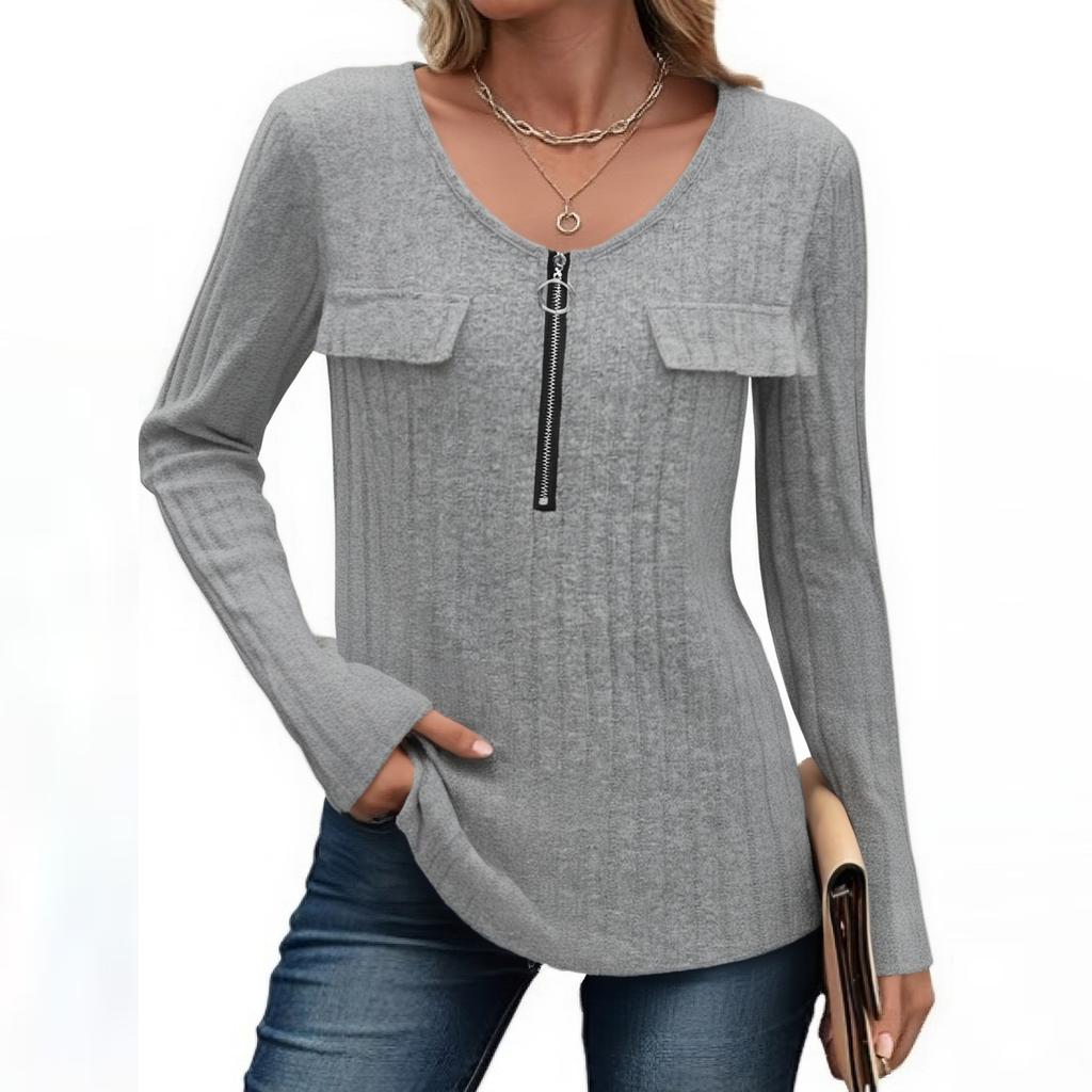 Women's Fashion Casual Zipper Ribbed Long Sleeve Top