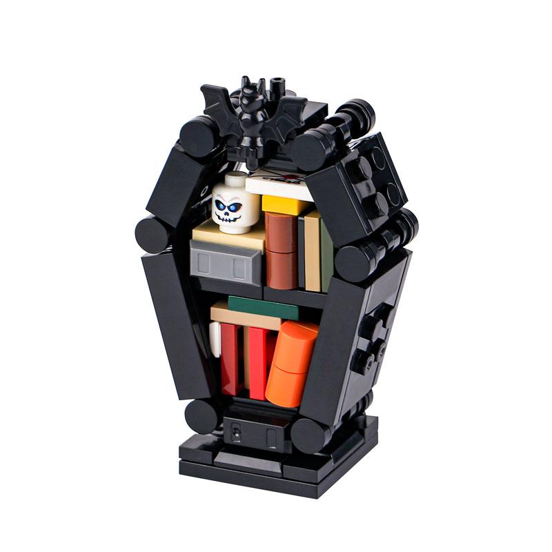 MOC Steine Mittelalter Alchemie Raum Küche Zauberer Trank Bausteine Teufelsquelle Schloss Straßenlaterne Hexen Figuren Szene Schädel