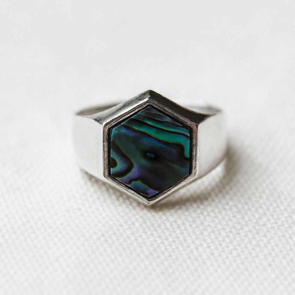 Natural Abalone Shell Signet Ring, 925 Solid Sterling Silver Jewelry