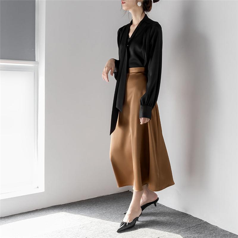 Satin Elegant Chic Ribbon Collar Long Sleeve Office Lady Shirt Spring Korean Fashion Simple Loose Solid Blouse Top Women Blusas