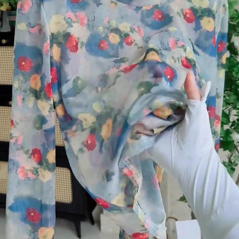 Plus Size Transparent Mesh Sun Protection T-shirt Women's Summer Loose Slimming Outerwear Long-sleeve Printed Cover-up Top