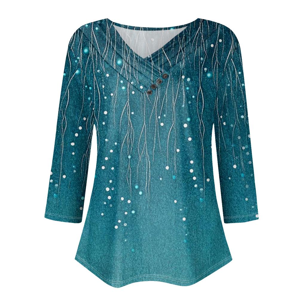 Womens 3/4 Sleeve Daily Weekend V Neck Casual Printed Tshirts Loose Fit Pleated Tees Button Down Shirts