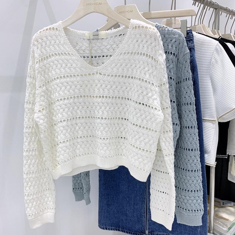 

V-образный вырез, ажурный вязаный свитер, женский, с длинными рукавами, весенний и осенний свитер, свободный свитер, маленькая рубашка, красивый топ L белый