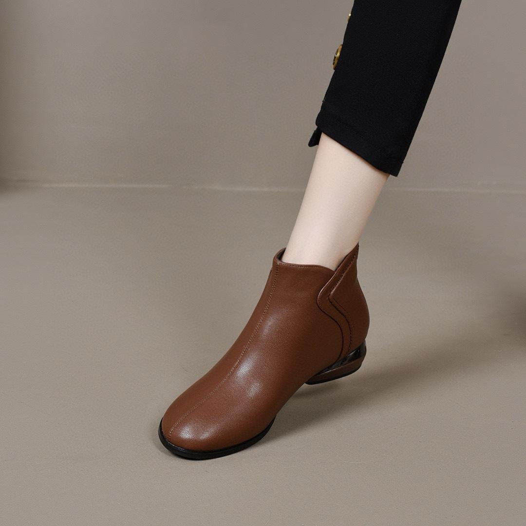 

Женские короткие ботинки с круглым носком, новые осенне-зимние, на низком каблуке, с задней молнией, кожаные ботинки простого темперамента и тонкие, на плоской подошве, хлопковые ботинки 41