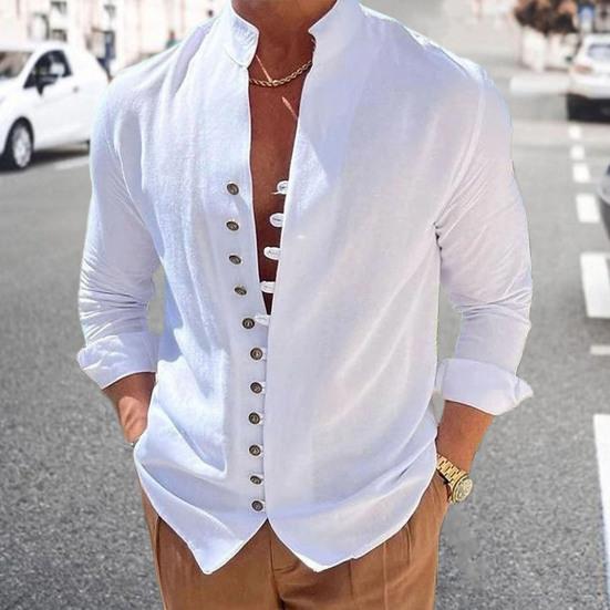 Men Summer Shirt Long Sleeve Stand Collar Single-breasted Casual Buttons Daily Wear Slim Fit Solid Color Beach Shirt Male Clothes