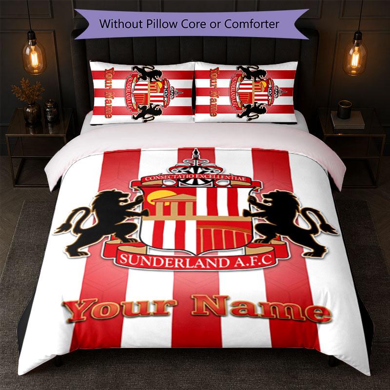 Set Biancheria da Letto Personalizzato Sunderland FC con Nome Testo 1 Copripiumino+2 Federe Logo Calcio Regalo Personalizzato per Occasione Speciale Decorazione Camera da Letto