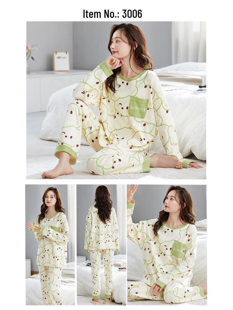 2025 Women's Long Sleeve Cotton Pajamas with Cartoon Design & Breast Pads - Versatile for Home or Outdoor Wear In Spring, Autumn, and Winter.