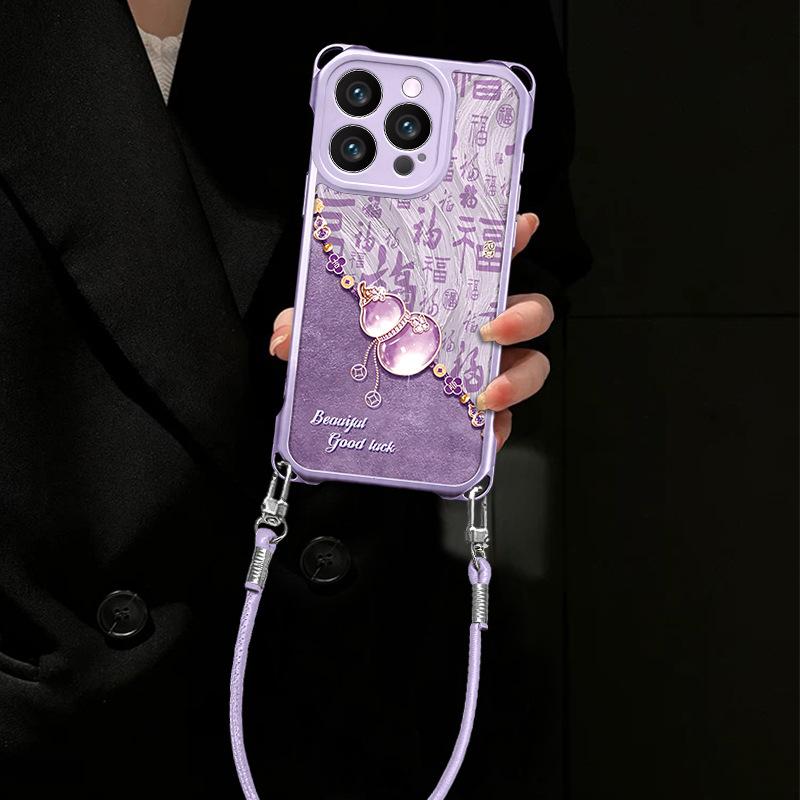 Baifu gourd is suitable for Apple 13Pro mobile phone case 16 lanyard 15p feather yarn 14 anti-drop 13 simple 12 bracket case