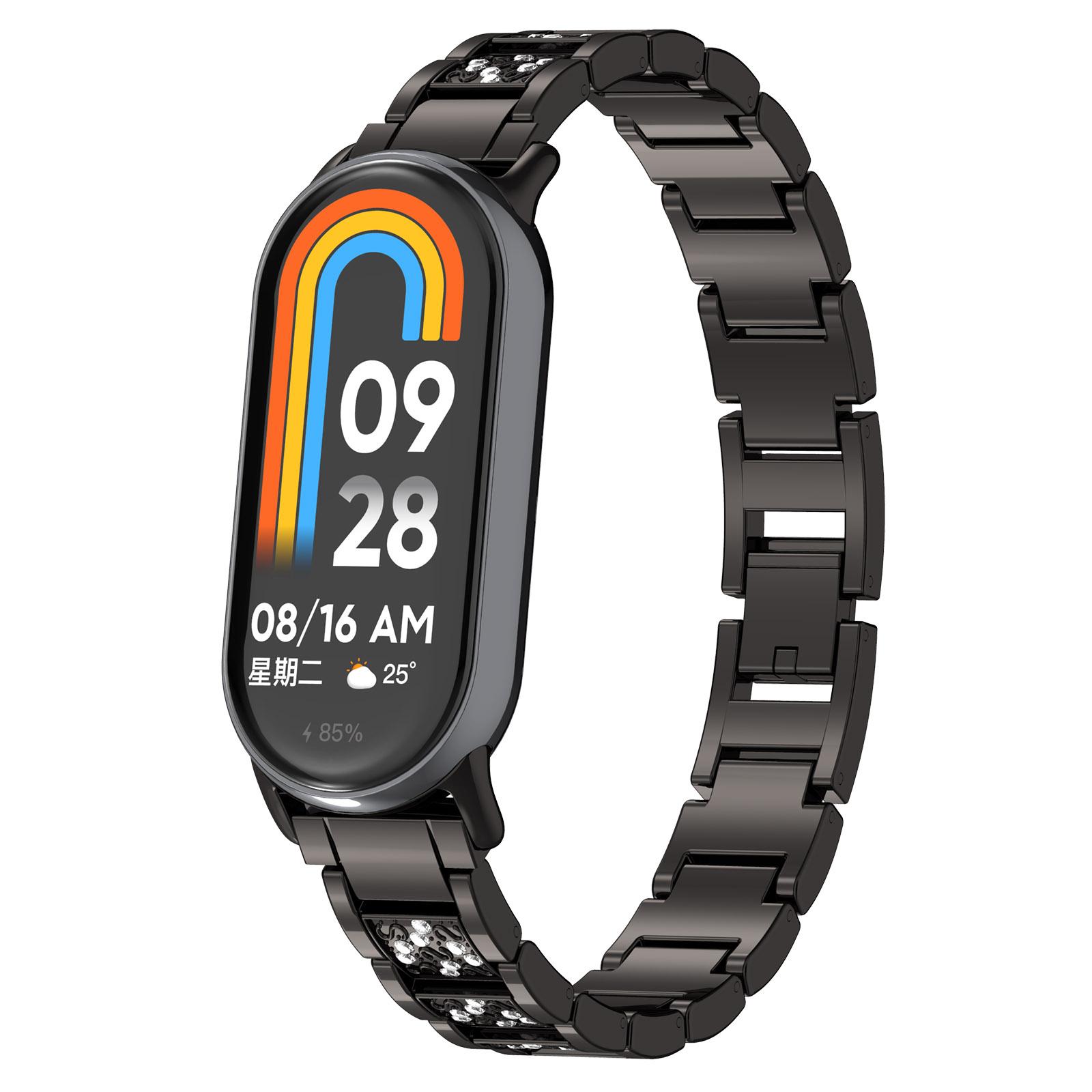 

For Xiaomi Smart Band 9/9 NFC/8/8 NFC Watch Strap Rhinestone Decor 3-Bead Stainless Steel Band Silver