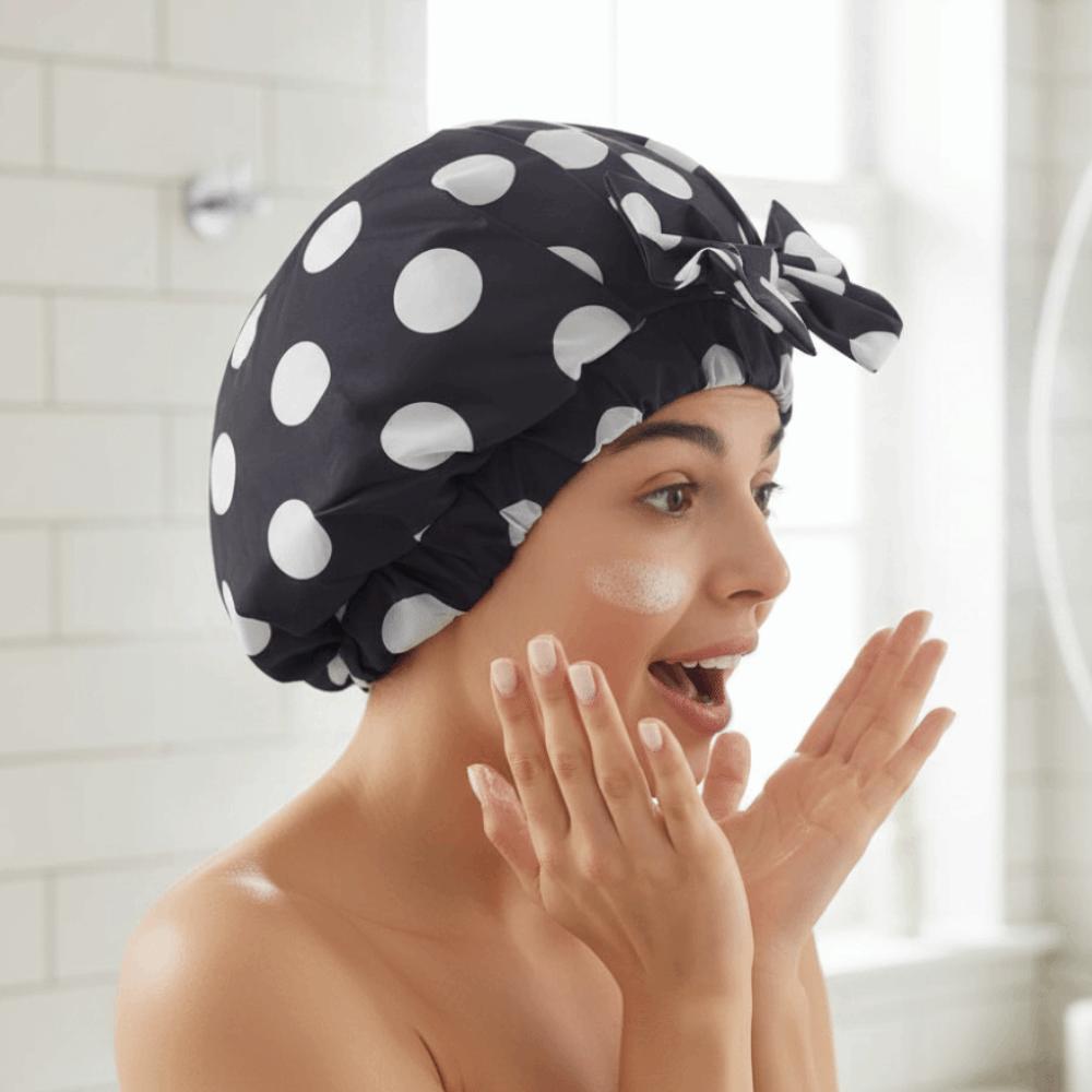 Bath Essential Waterproof Double-layer Bath Cap Elastic Polka Dots Printed Bonnet Comfortable Reusable Shampoo Hat Bathroom