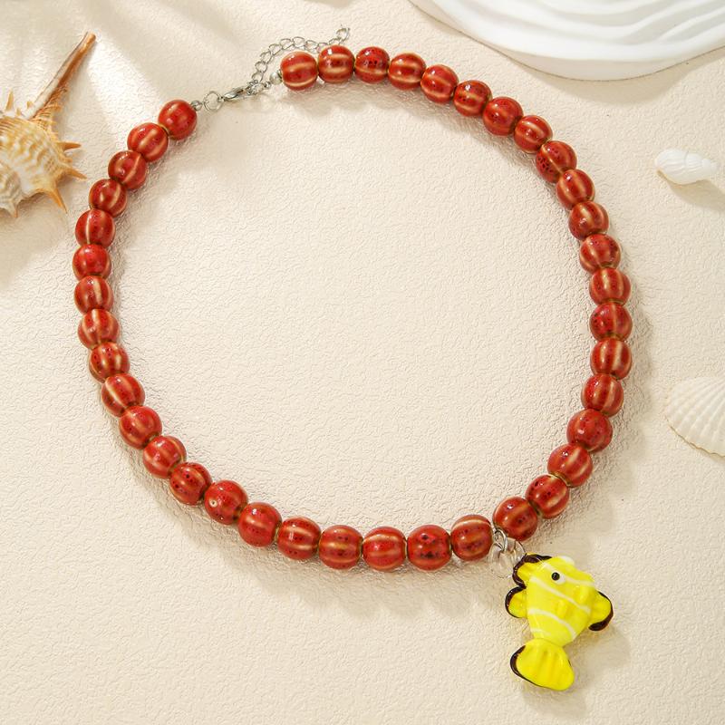 

Bohemian Colorful Glaze Fish Pendant For Women Striped Beaded Necklace Seaside Vacation Party Accessories as the picture