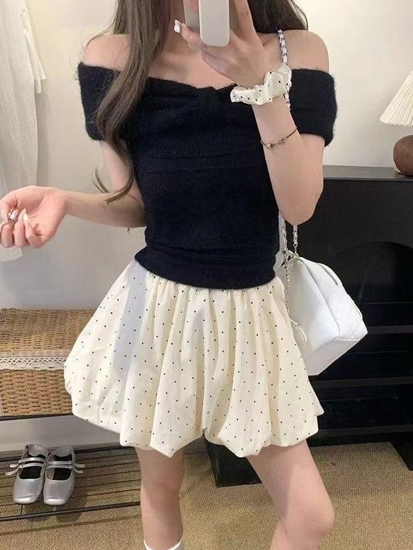 Apricot Polka Dot High-Waist Midi Skirt - Women's Summer 2026 A-Line Fluffy Textured Skirt