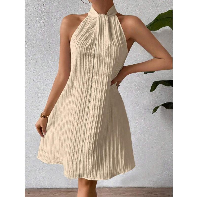 Summer Halter Neck Textured Stripe Sleeveless Mini Dress