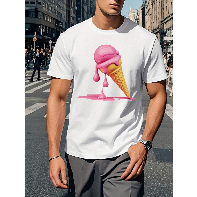European Size Men's Summer T-Shirt with Melting Ice Cream Cone Design, Short Sleeve, Round Neck, Polyester - Machine Washable
