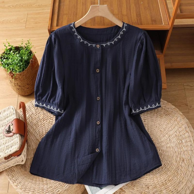 

French Embroidered Cotton and Linen Short-sleeved Shirt for Women Summer Thin Casual Temperament Age-reducing Round Neck Cotton and Linen Shirt Top 2XL