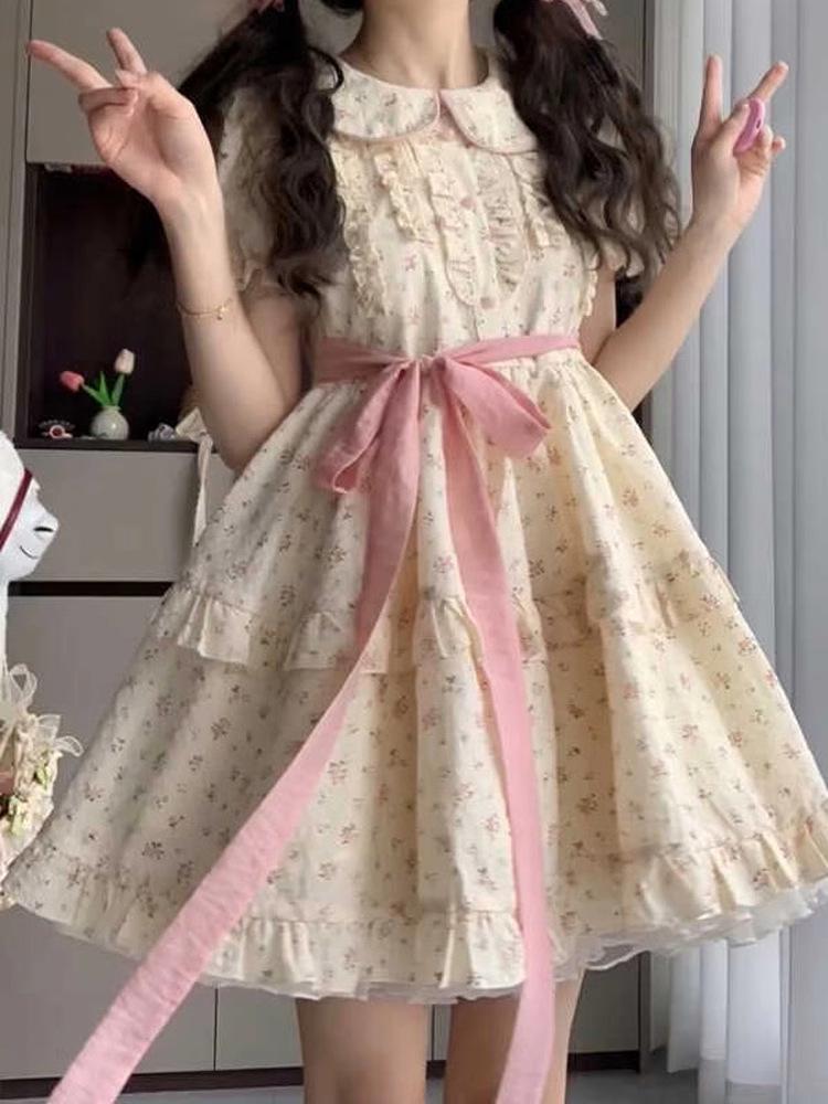 Women's Summer Floral Doll Collar Dress with Puff Sleeves and Waist-Cinched Fluffy Skirt
