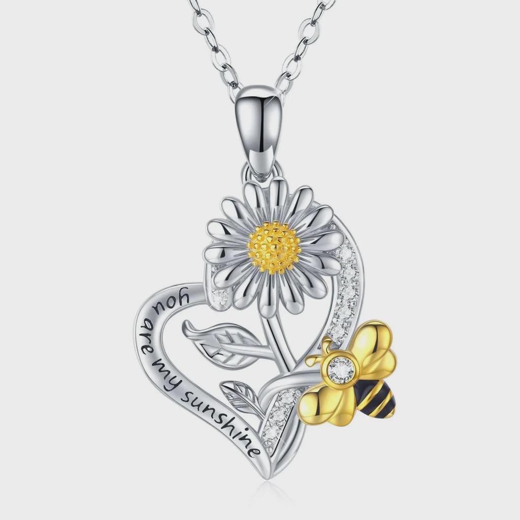 Sunflower Heart Necklace: 'You Are My Sunshine' Engraved, Bee & Color Drip Pendant