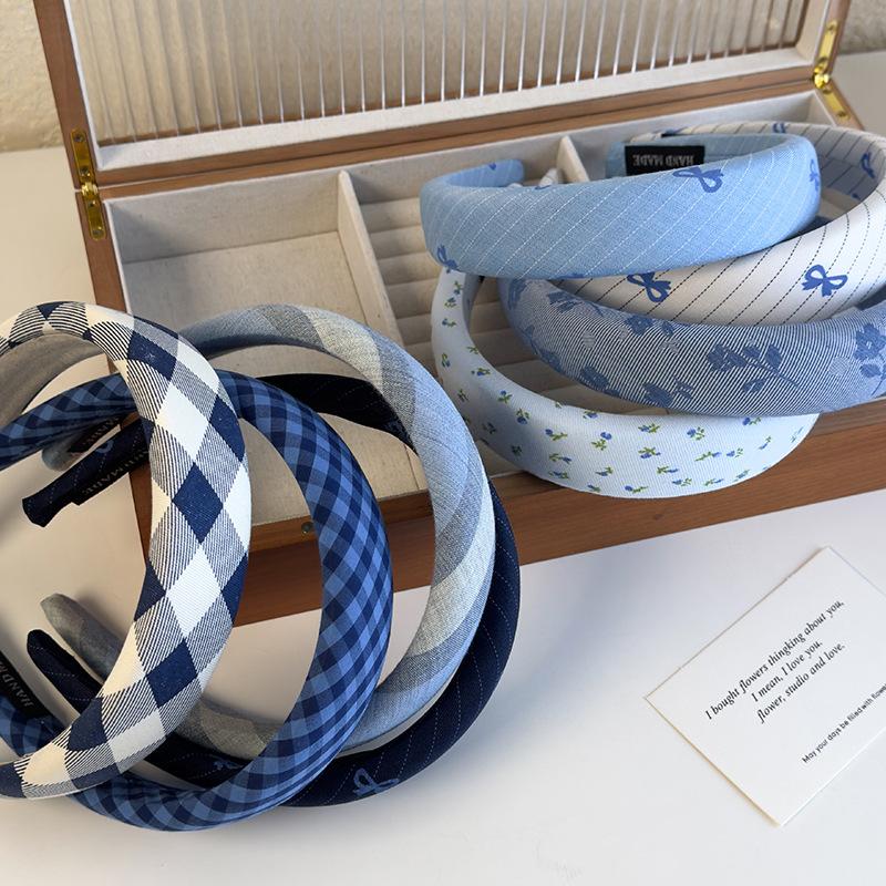 Blue Checkered Bow Sponge Hairband for Girls High Headband with High Head Top New Wide Edge Headband