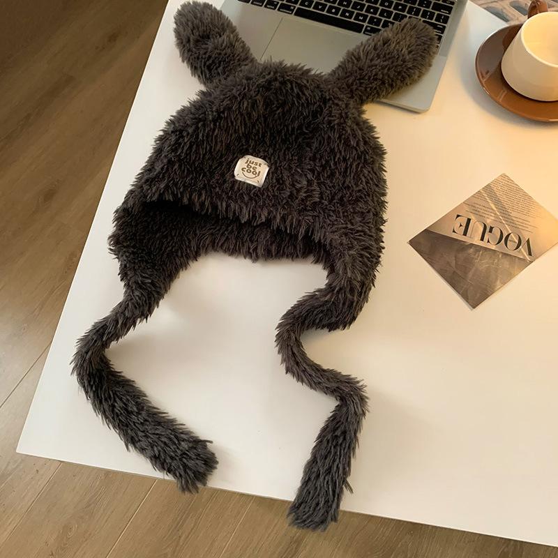 Rabbit Ears Knitted Plush Hat Women's Autumn and Winter Warm and Cold-proof Baotou Hat Versatile Ear Protector Lei Feng Hat Wool Hat