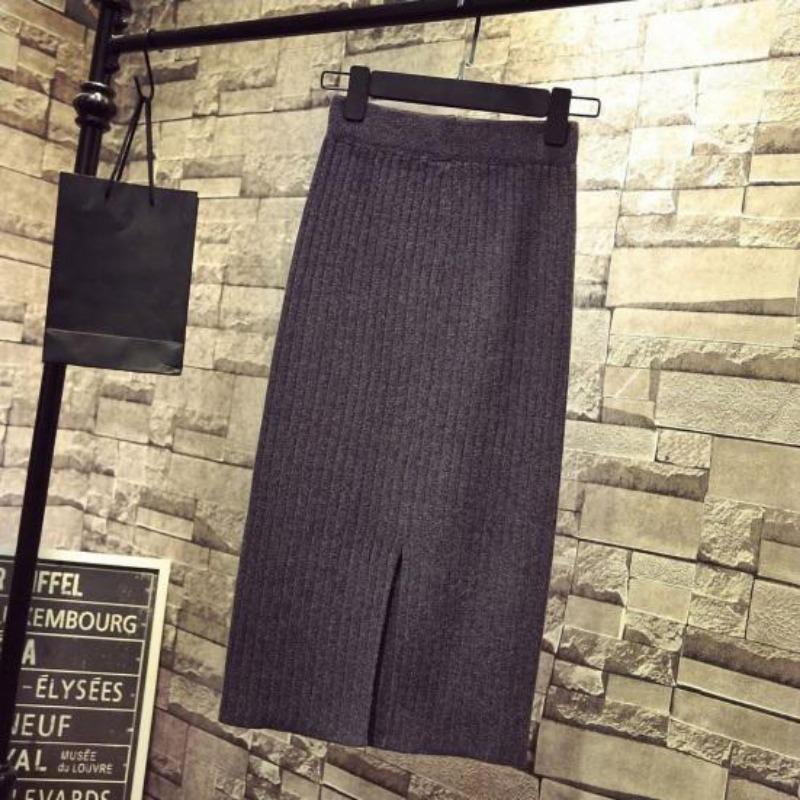 Frauen Winter Rock Gestrickte Einfarbig Hohe Taille Zurück Split Mantel Warme Weiche Elastische Taille Dame Herbst Rock Weibliche Kleidung