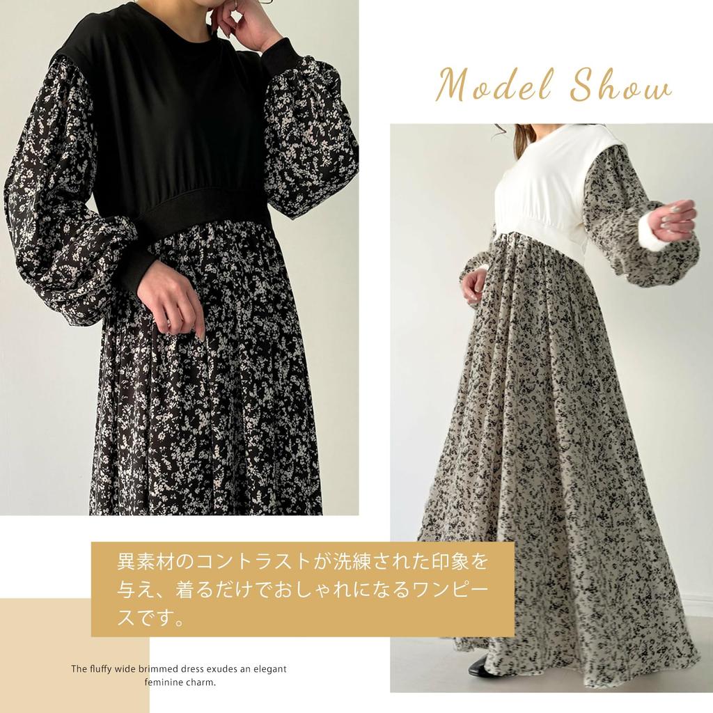 Maxi Dress with Contrast Long Floral Mixed Loose Round Perfect for and Winter [MlleeSSeeldyTRC] Women's Print, Sleeves, Print, Material, Fit,