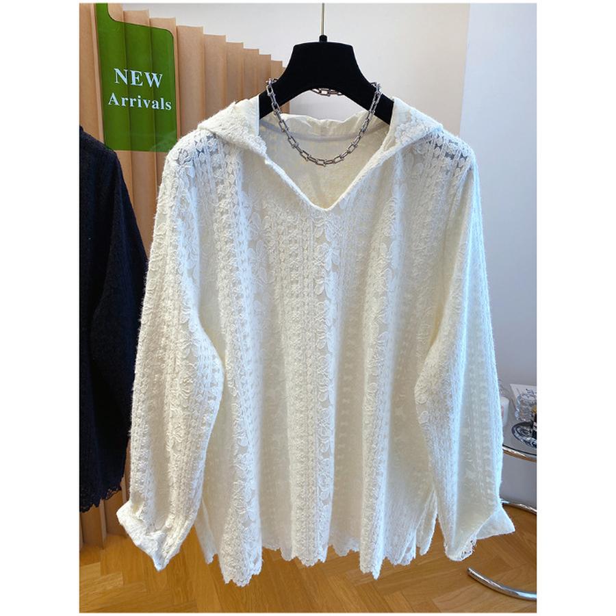 Herbst Neuer Stil Gepufftes Spitzen-Langarm-T-Shirt Damen Locker Kapuze Lässiges Outfit Oberteil