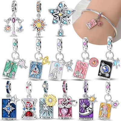 Pink Tarot Card Pendant Stars Moon Sun Original Copper Charms Beads Fit Bracelet Women Fine Delicate Gift Accessory Set
