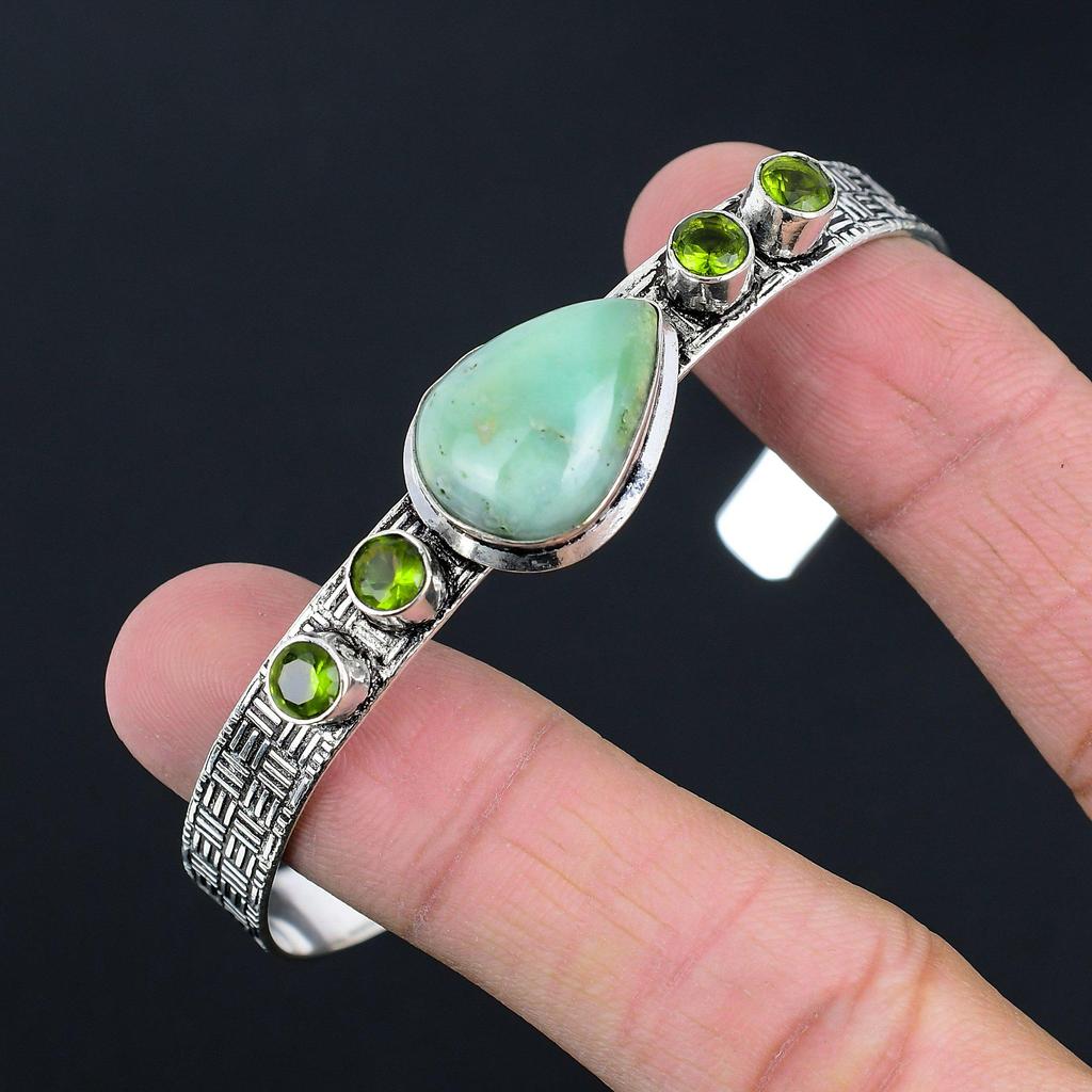Natural Chrysoprase Gemstone 925 Sterling Silver Bangle Adjustable For Women