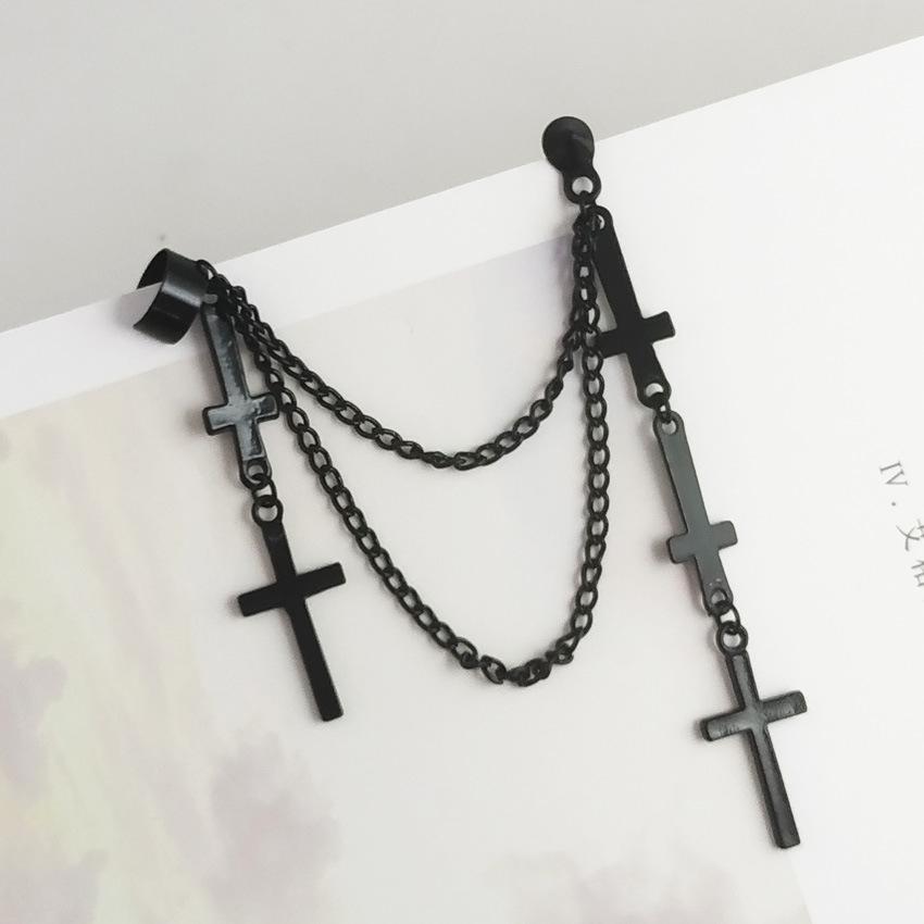 European and American Punk Style Double-Layer Cross Tassel Chain Ear Clips for Women