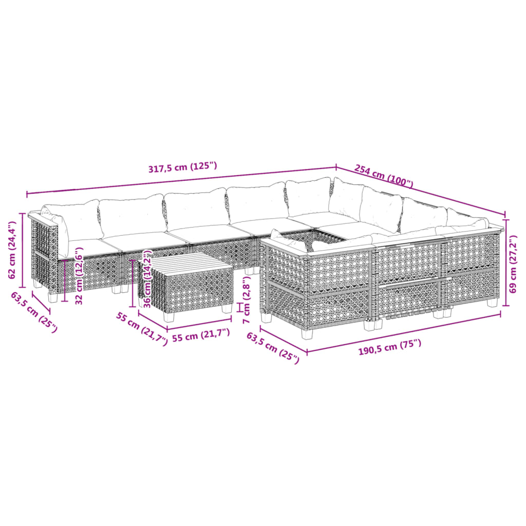 Vidaxl 11-Cz. Garden Furniture Set With Cushions, Grey Rattan Pe