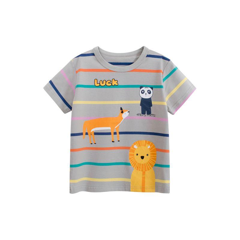 27Kids Children s Clothing Summer Kids Short-Sleeved T-shirt Boy Striped Half Sleeve Cartoon Lion Boy Baby Lycra Cotton Tops 9A062 Gray Color Space 140