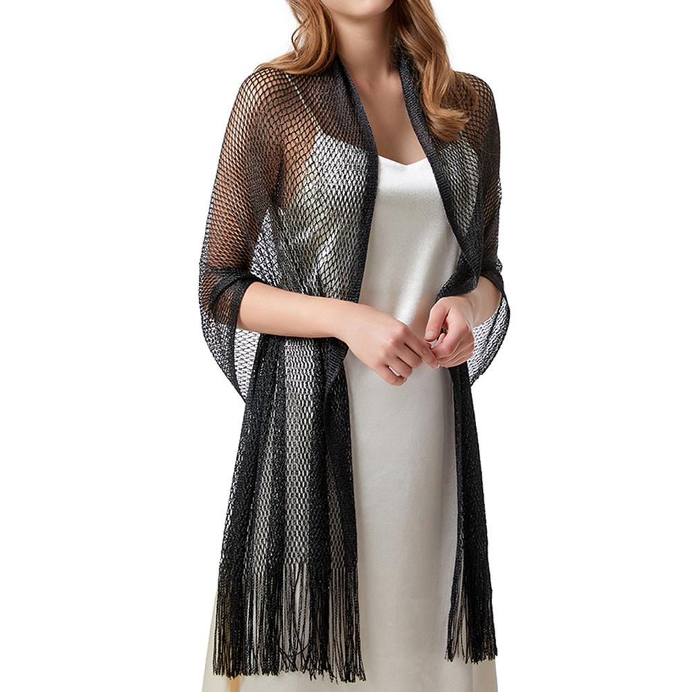 190x45cm Sparkling Mesh Shawl with Tassels, Metallic Wrap