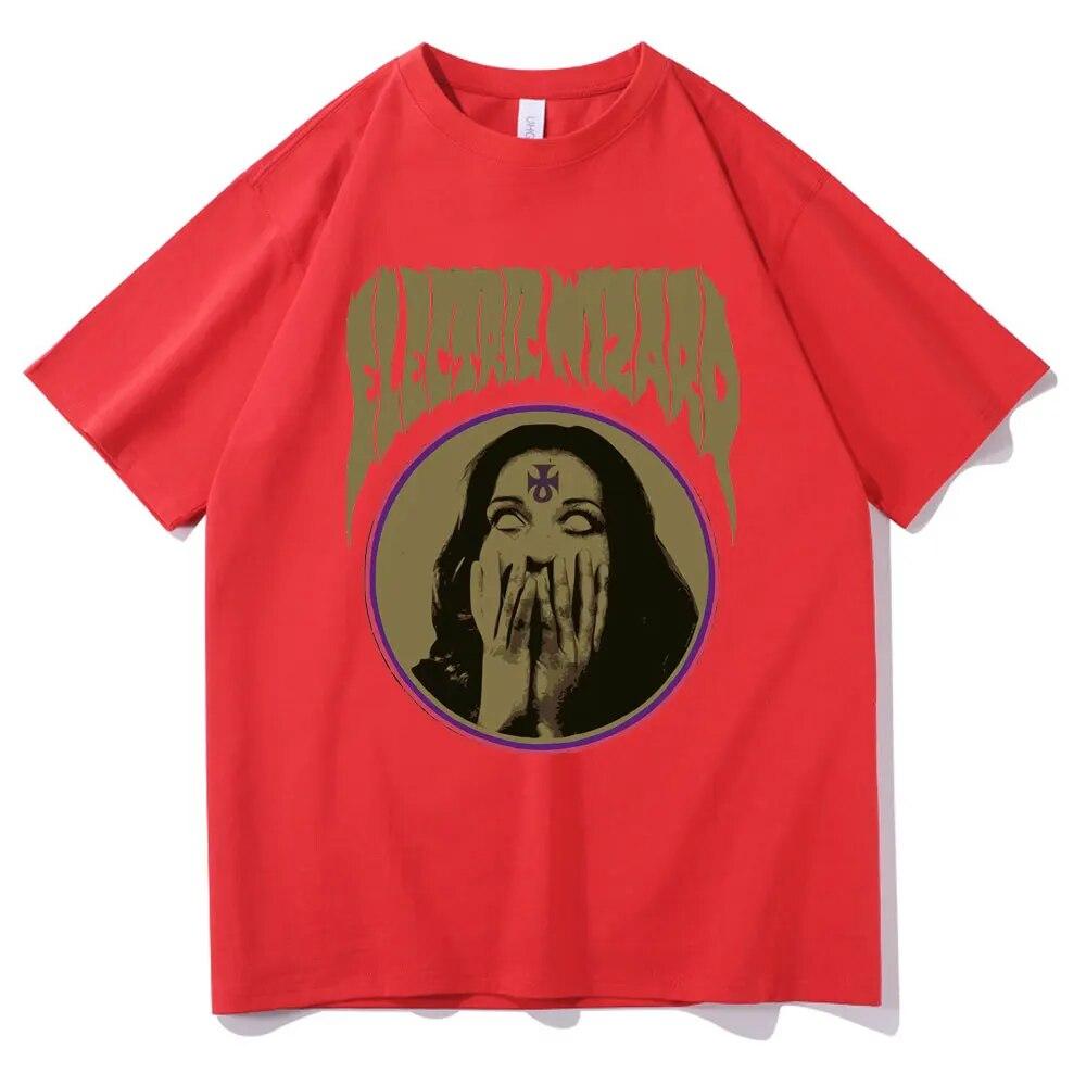 Elektryczny czarodziej opętany T-shirt z nadrukiem unisex kobiety rockowa koszulka z czystej bawełny okrągły dekolt w stylu casual, czarny t-shirty unisex czarny streetwear