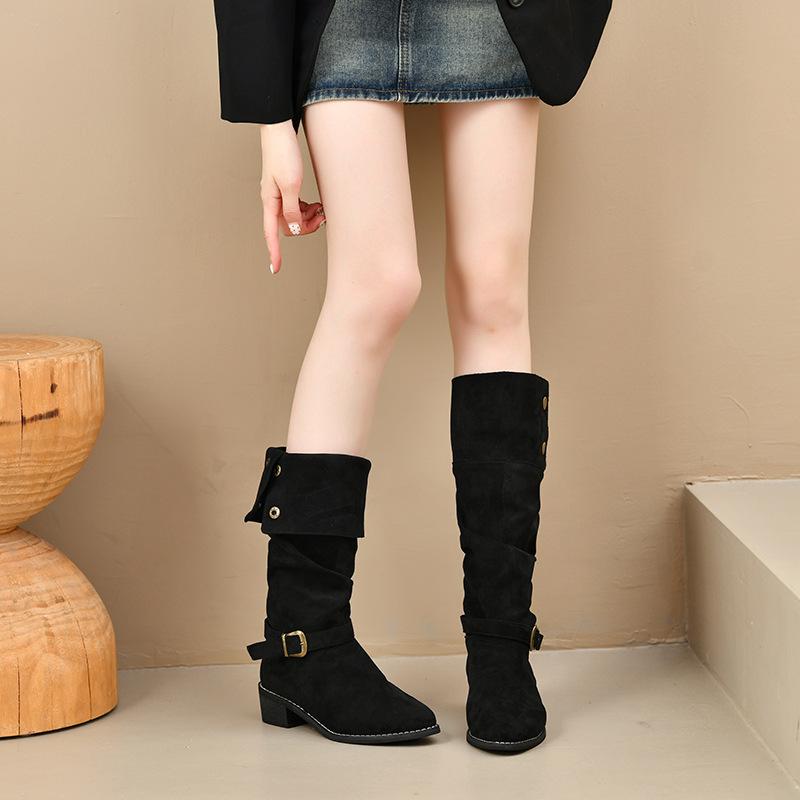 Retro Pointed Pleated Piled Boots Women's 2025 Autumn and Winter New Thick Heel Thin Boots Western Boots Tall Knight Boots