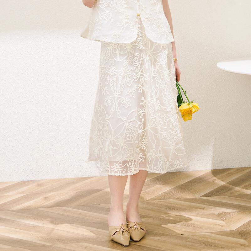 TUHUANG Mulberry Silk Embroidered A-Line Sheer Mesh Midi Skirt